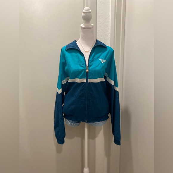 VTG Rare Retro 90s Reebok Teal & Navy Blue Color Block Windbreaker Jacket - L - Picture 3 of 16